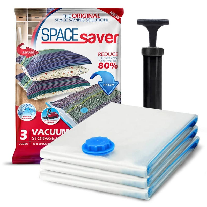 Spacesaver 3 Pack Jumbo Vacuum Storage Bags - 40" x 30 Heavy Duty Blanket Storage Bag with Pump - Space Saver for Clothes, Comforters, and Bedding - Compression Bags to Store Blankets for Travel - Image 1